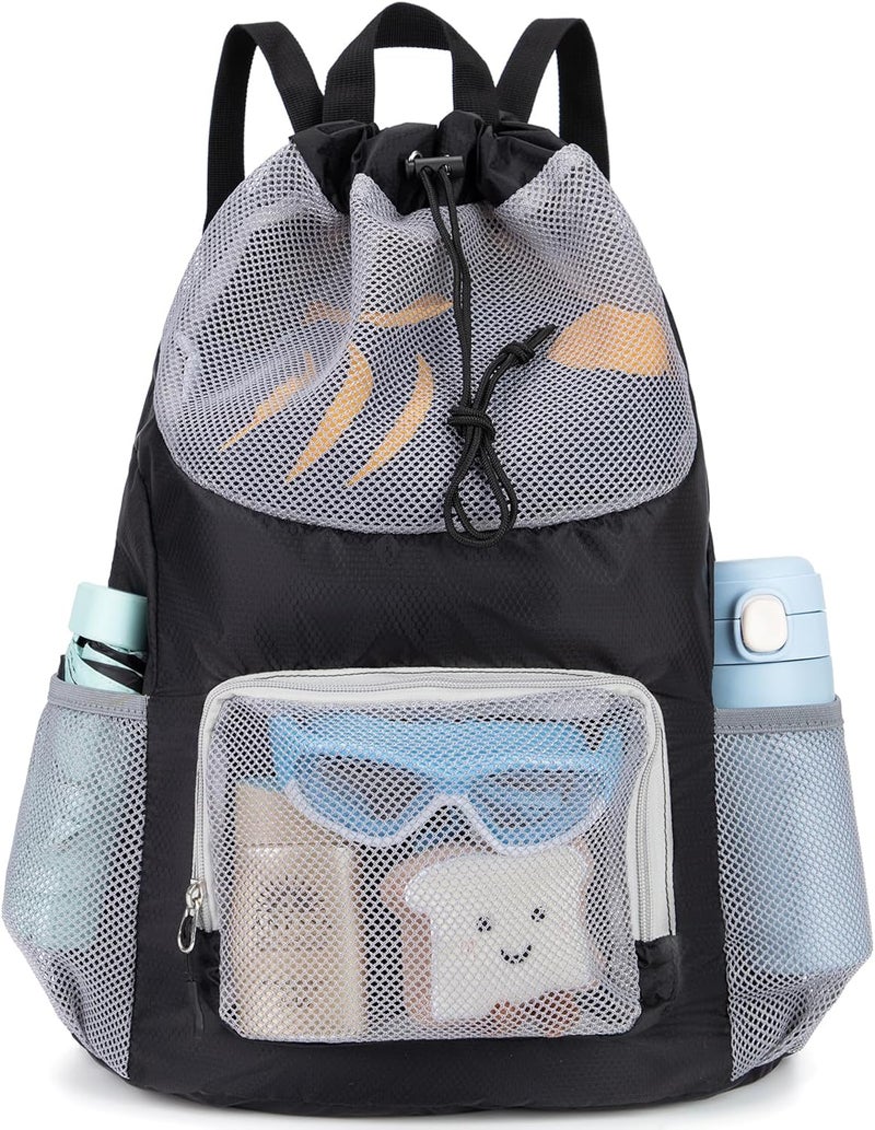 Veious Swim Bag for Kids Drawstring Backpack for Boys Lightweight Mesh Beach Backpack Swimming Pool Sports Gym String Bag Black - Image 1